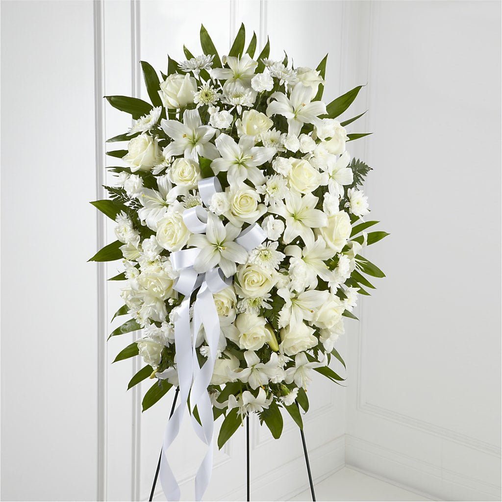 Exquisite Tribute Standing Spray-White Ribbon – Reema Floral, Nolensville TN