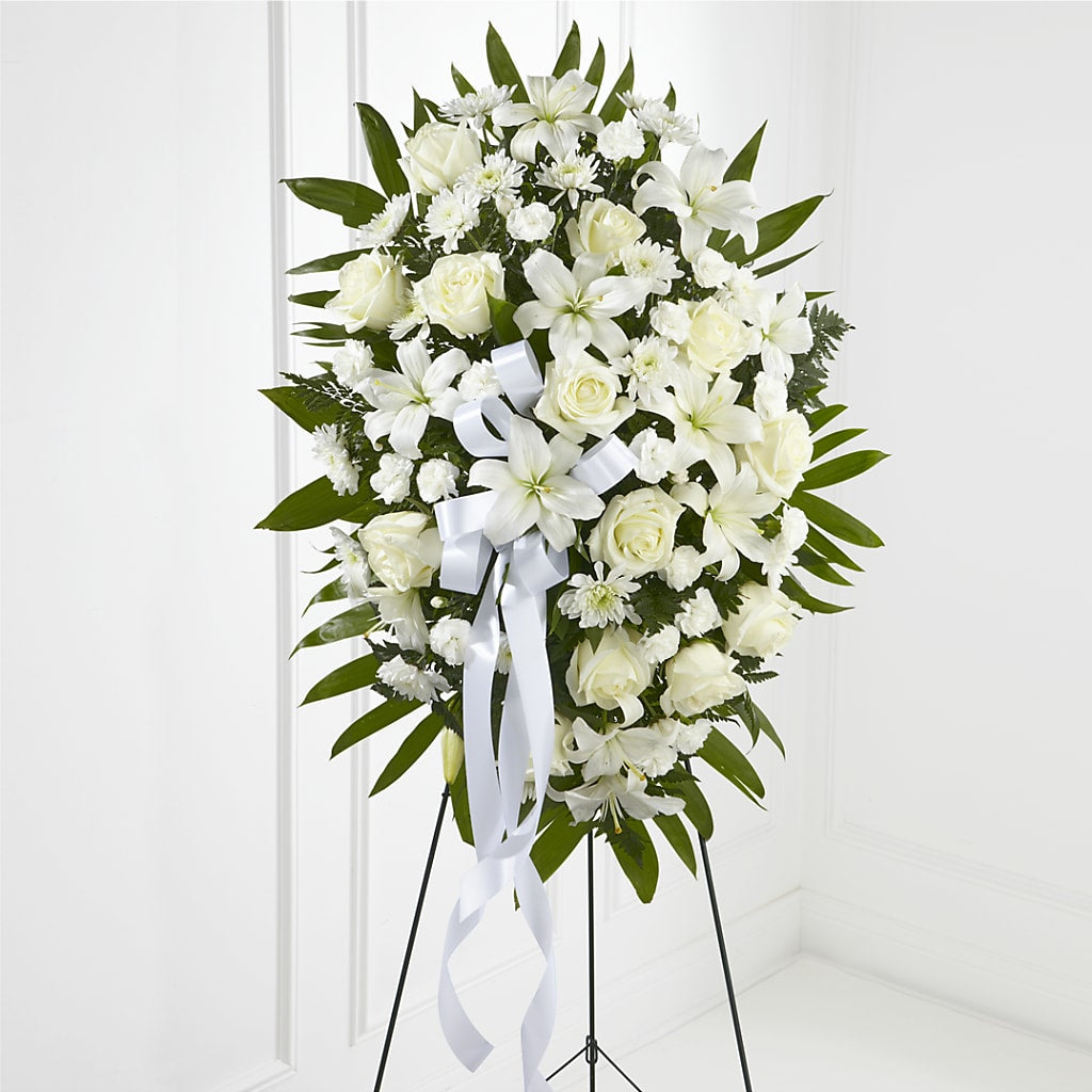 Exquisite Tribute Standing Spray-White Ribbon – Reema Floral, Nolensville TN